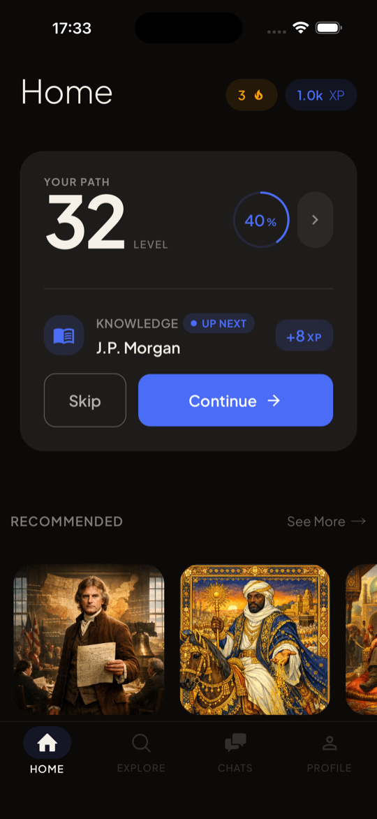 Histou home screen showing learning progress and recommended figures