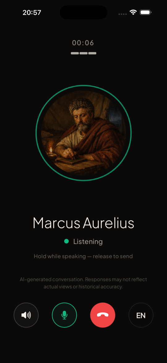 AI-assisted voice conversation with Marcus Aurelius in Histou